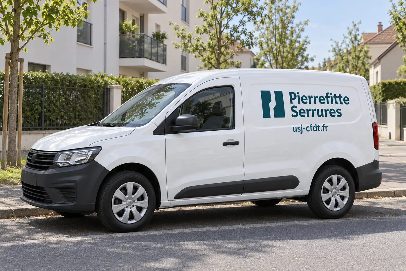 Camionnette blanche aux couleurs de Pierrefitte Serrures, usj-cfdt.fr, garée dans une rue résidentielle