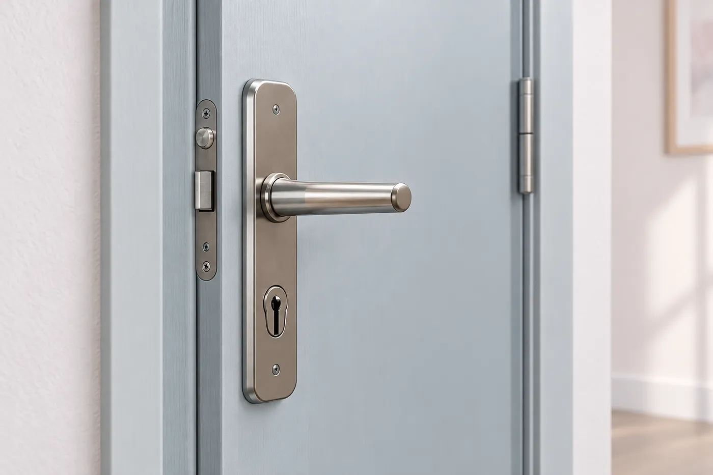 Porte d’entrée fermée équipée d’une poignée neuve et d’une plaque de protection autour du cylindre