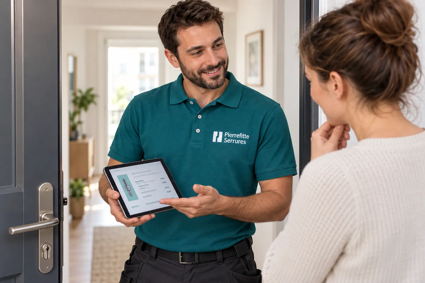 Serrurier en polo Pierrefitte Serrures présentant son diagnostic et son devis sur tablette à une habitante